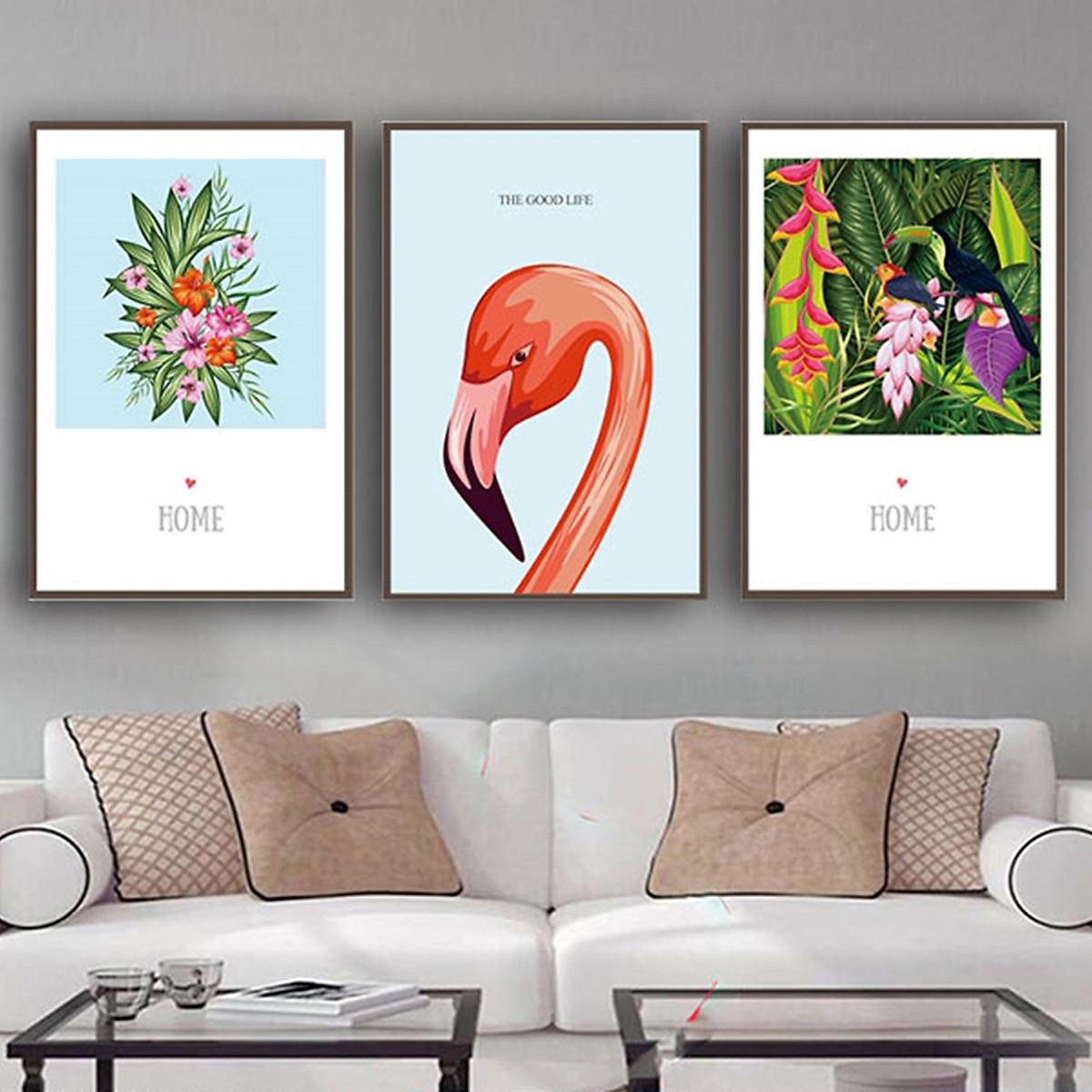 Tranh Tráng Gương Pha Lê Treo Tường Hiện Đại _ Tranh Bộ 3 Chim Hồng Hạc và Hoa Lá Đẹp