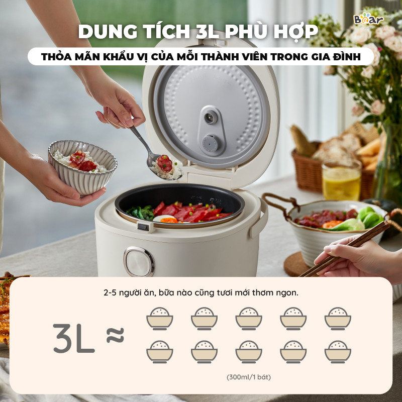 Nồi Cơm Điện Tử Bear 3L Lòng Nồi 5 Lớp Đa Năng Nấu Cơm Nấu Cháo Hầm Hấp Hâm Nóng Hẹn Giờ Lên Đến 12 Tiếng SB-NC30A - HÀNG CHÍNH HÃNG