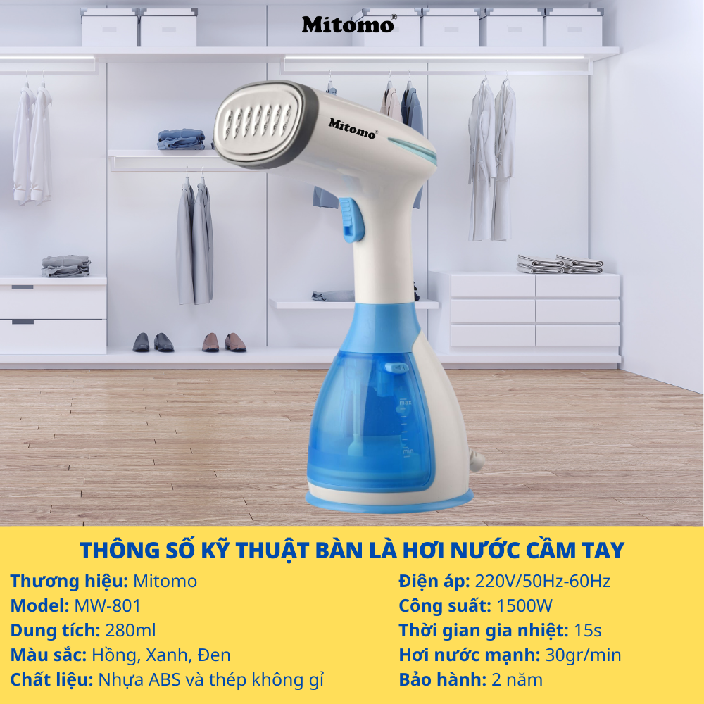 Bàn ủi hơi nước cầm tay Mitomo MW - 801 tích hợp 3 chế độ là hàng cao cấp công suất 1500W - bảo hành 2 năm hàng chính hãng