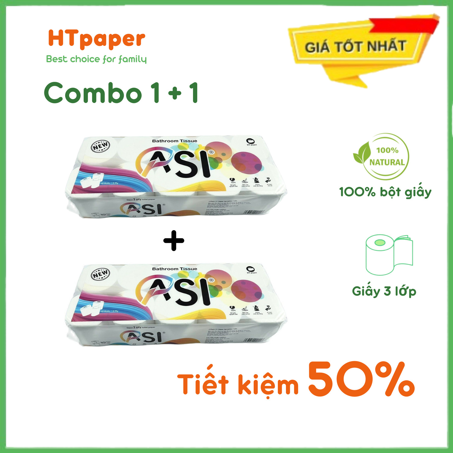 Combo Mua 1 Tặng 1 Giấy Vệ Sinh Cao Cấp ASI Không Lõi 3 Lớp