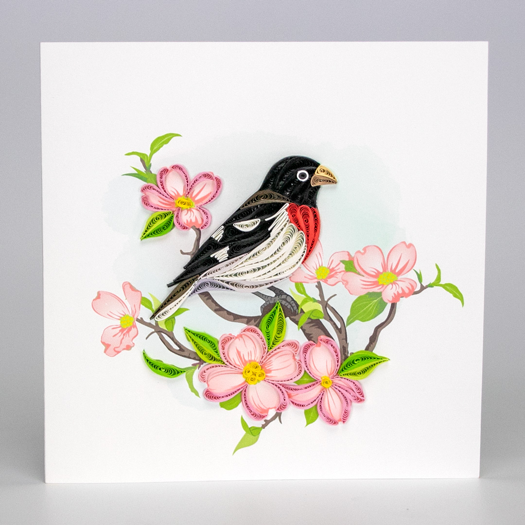 Chim tước mỏ lớn ngực đỏ và hoa thù du hồng - Thiệp giấy xoắn 15 x 15 cm