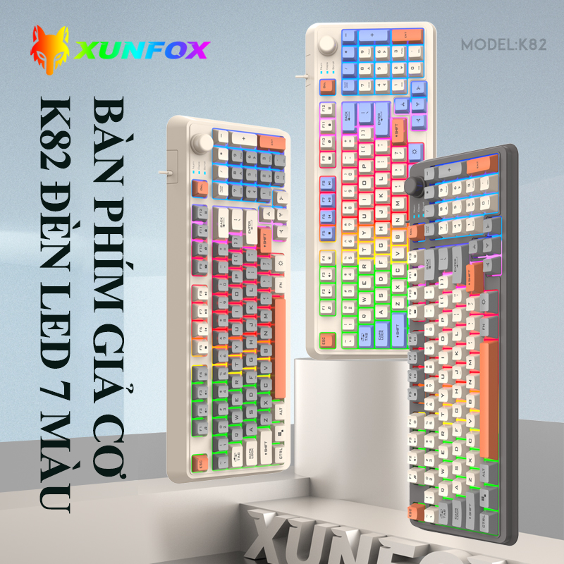 Bàn phím giả cơ chuyên game XUNFOX K82 thiết kế 94 phím nhỏ gọn có đèn led 7 màu kèm theo nút vặn âm lượng tiện lợi - Hàng Chính Hãng