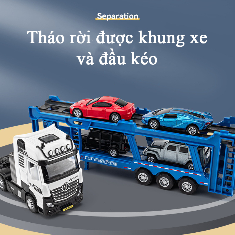 Đồ chơi xe đầu kéo vận chuyển 4 xe ô tô bằng hợp kim nguyên khối có nhạc và đèn chạy cót