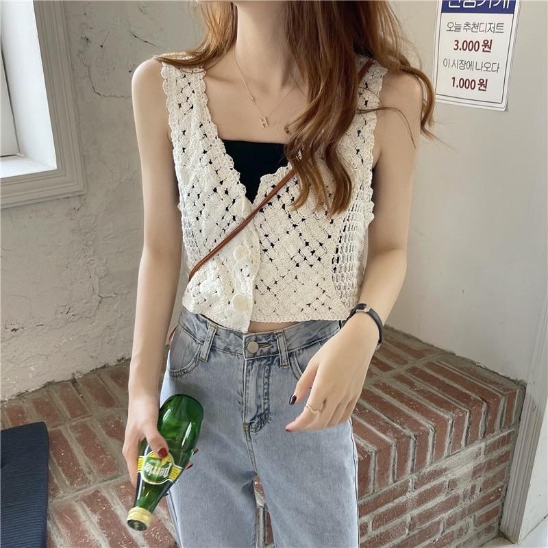 Áo 2 dây sợi móc cài khuy cổ tim dáng ngắn croptop