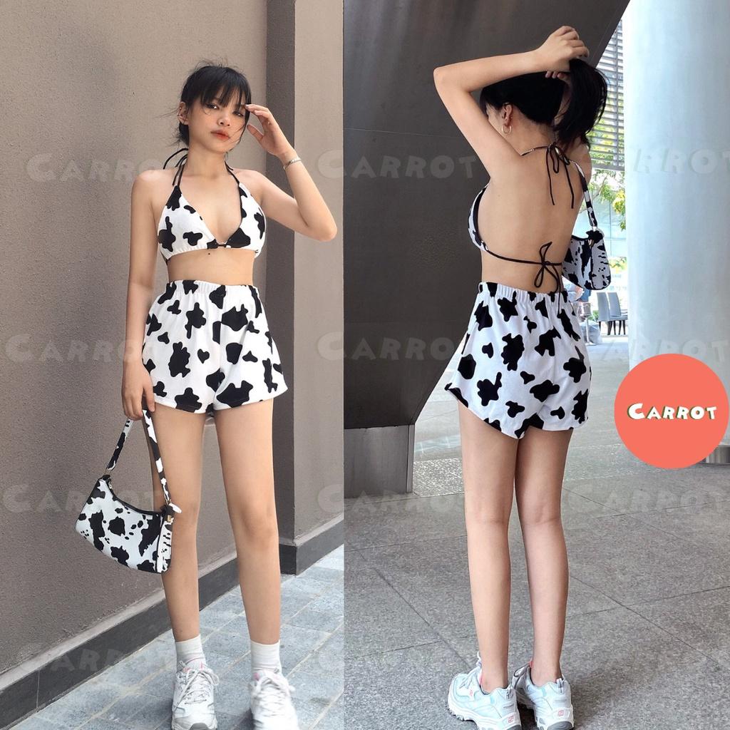 Quần đùi nhung bò sữa áo ngực bra đốm bò sữa cột cổ chất nhung cao cấp freesize carrotxinhdep cá tính năng động dễ thươn