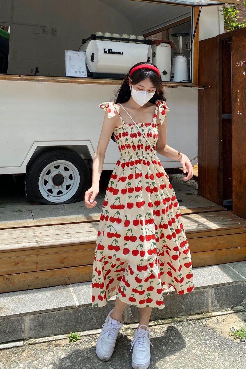 DONGSHOP Váy treo 2023 Sinh viên mùa hè Hundred Hiển thị Skinny Thời trang Pleated Dễ thương Cherry hoa đầm cô gái
