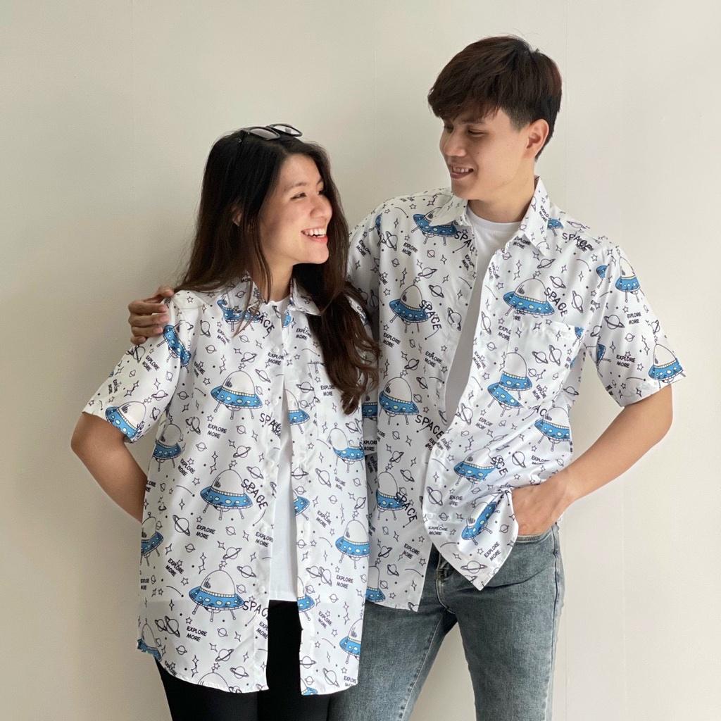 Áo sơ mi lụa ép 3d họa tiết, áo sơ mi đôi, áo sơ mi mùa hè, áo sơ mi nam nữ thời trang - HKSM01