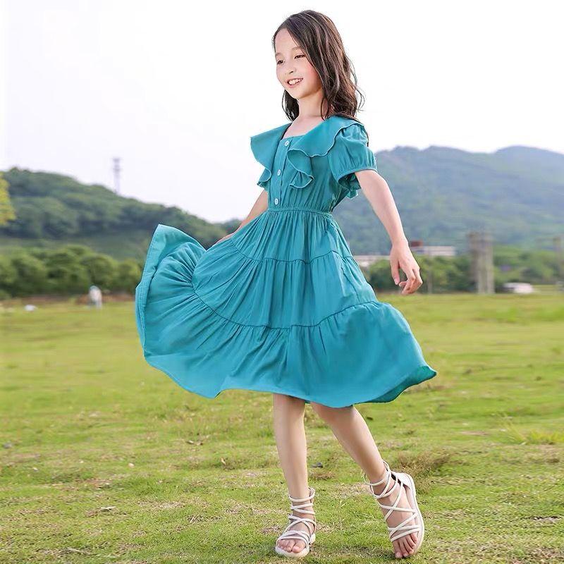 CHENGRUI Cô gái ăn mặc mùa hè 2023 phong cách phương Tây cô gái lớn mùa hè trẻ em ngắn tay váy công chúa váy cô gái nhỏ