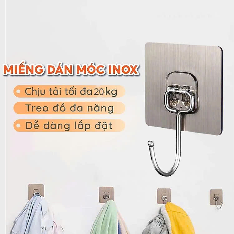 COMBO 10 Móc Dán Tường Inox 304 Loại 1 Chân Chịu Lực Đến 20kg Kèm Miếng Dán Tráng Bạc Siêu Dính, Móc Dán Chịu Lực Loại Tốt