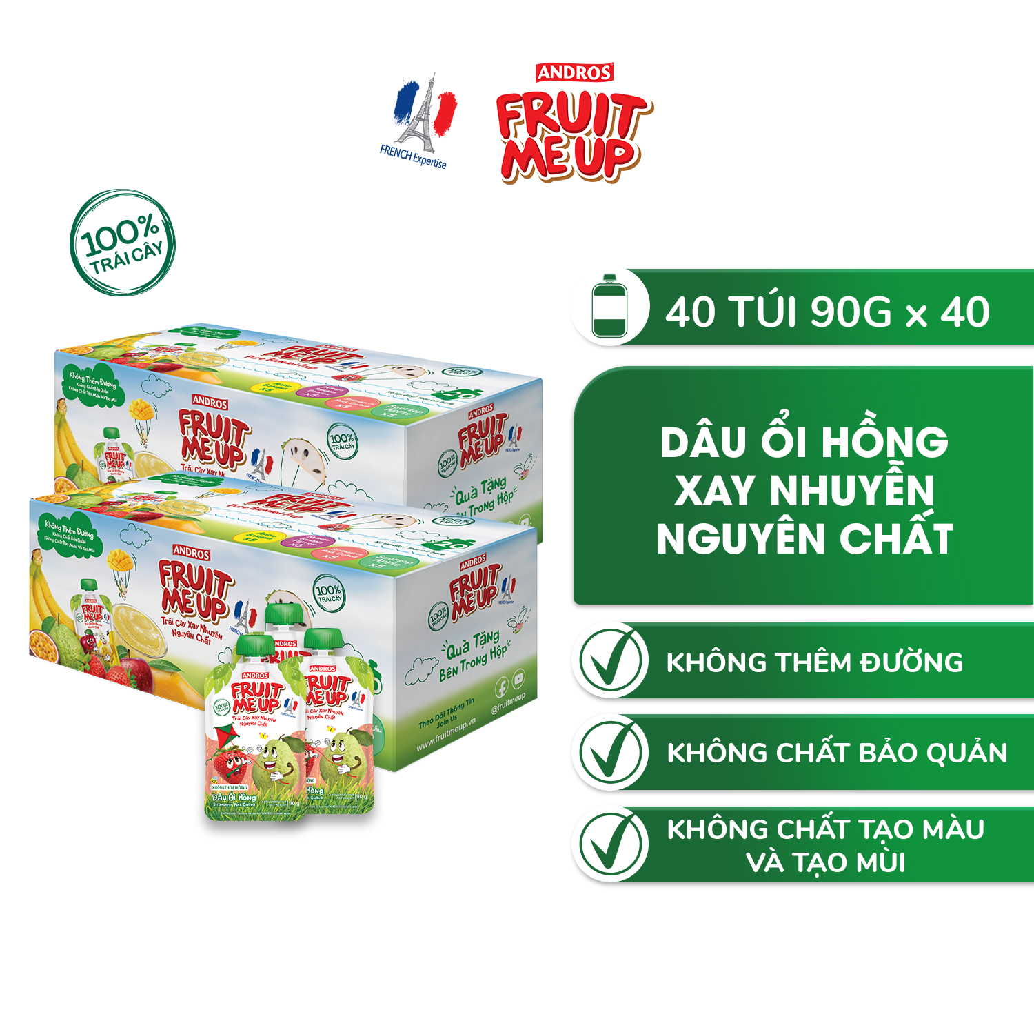 Trái Cây Xay Nhuyễn Nguyên Chất Andros Fruit Me Up - Dâu Ổi Hồng - Thùng 40 Túi (90g x 40)