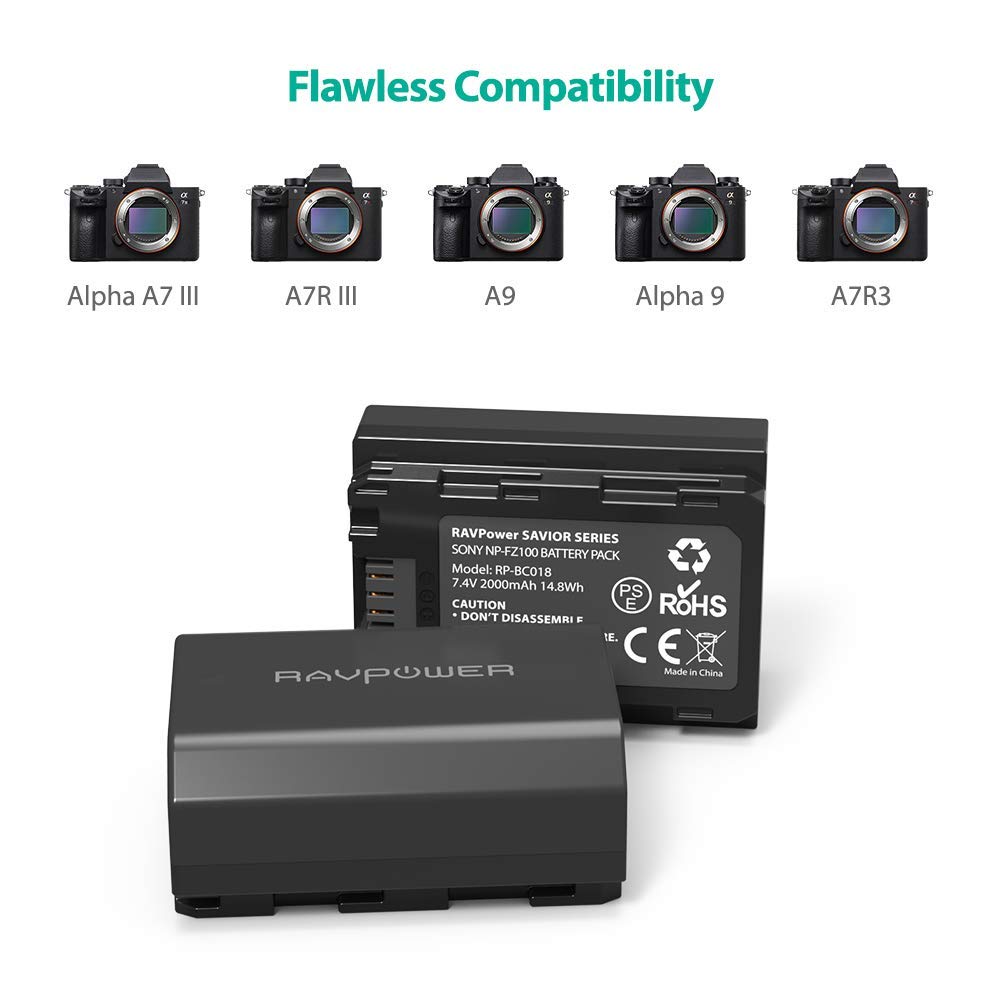 Bộ 2 pin 1 sạc RAVPower for Sony FZ100 (SONY A9, A7R III, A7 III) - Hàng chính hãng