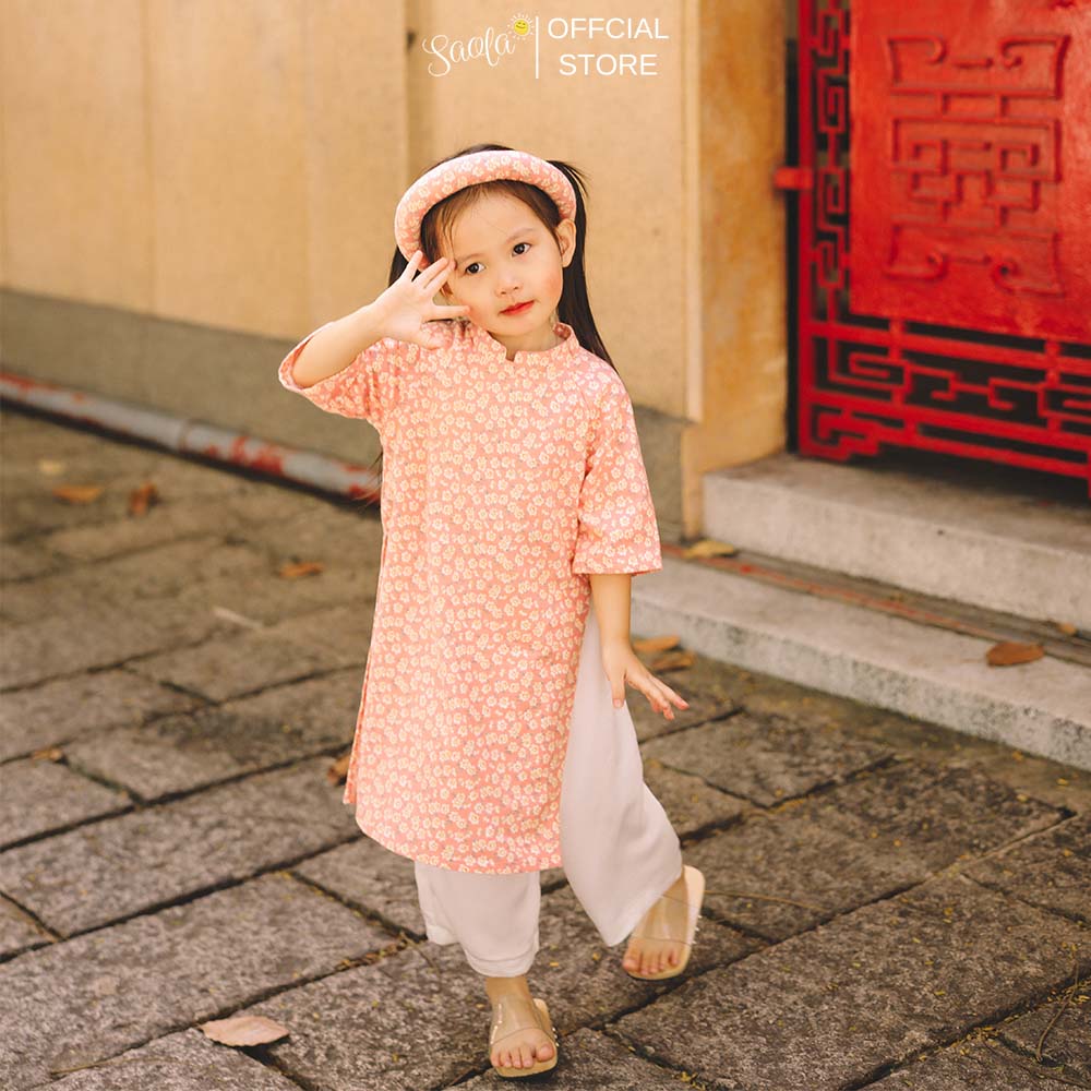 Áo Dài Tết Cách Tân Cho Bé Gái Hoạ Tiết Hoa Nhí [Tặng Kèm Mấn] - Áo Dài &quot;Bình&quot; - AD005 - SAOLA KIDS CLOTHING