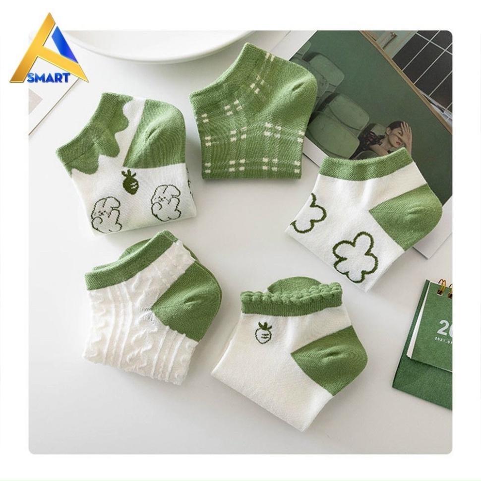 Set 5 đôi tất hoa xanh vải cotton cổ ngắn màu xanh bơ dễ thương xinh xắn