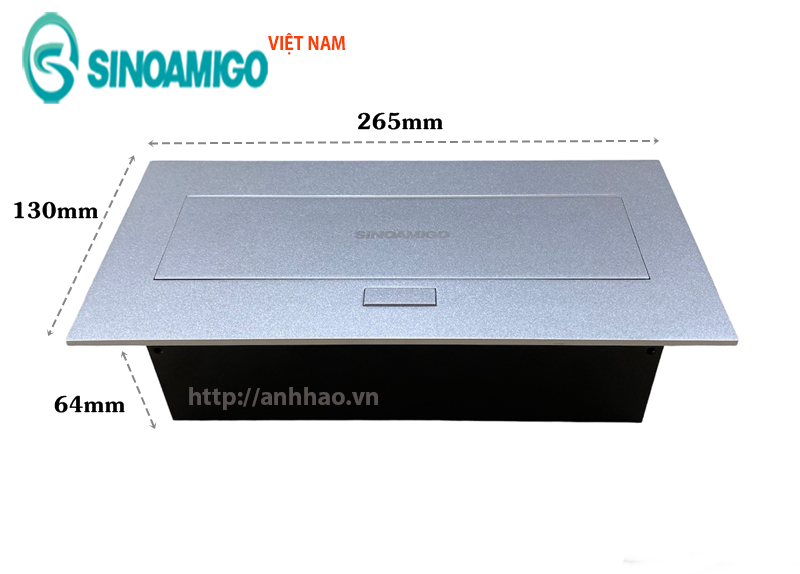 Hộp điện âm bàn Sinoamigo STS-212GST-2 gồm 2 ổ điện, 2 ổ cắm HDMI, 1 ổ USb 5V-21.A. Chất liệu hợp kim nhôm màu bạc sang trọng - Hàng chính hãng