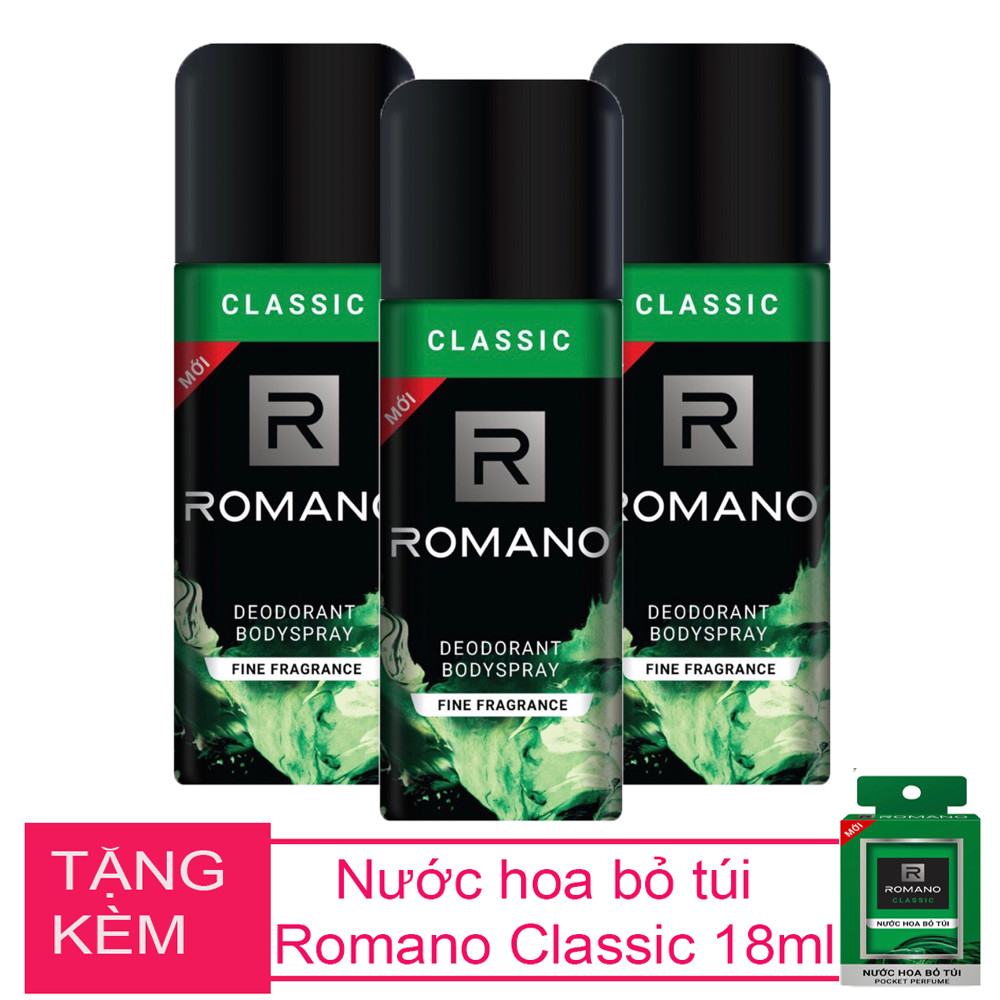 Bộ 3 chai xịt khử mùi  Romano Classic 150ml +Tặng kèm nước hoa bỏ túi Romano 18ml (Màu ngẫu nhiên)