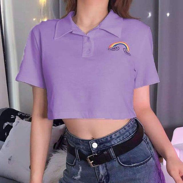 Áo croptop có cổ chữ V thêu hình cầu vồng cá tính