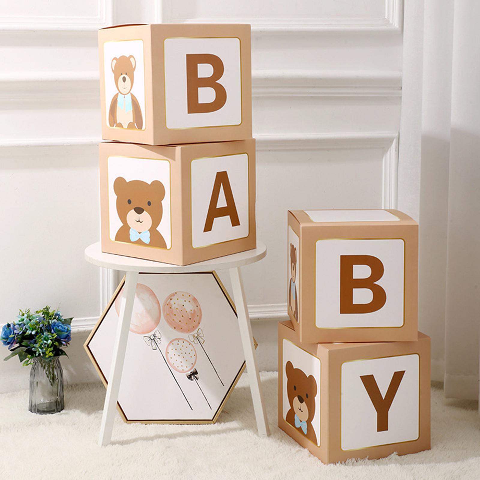 4PCS Baby Shower Decorations for Boy Girl, Baby Box Block Balloons Boxes with Letters, Gender Reveal Decor, Birthday Party Backdrop