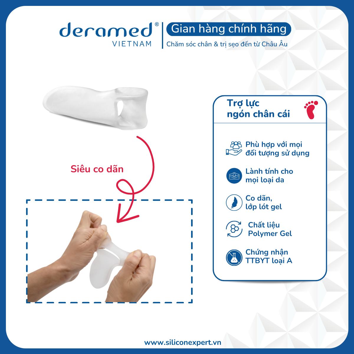 DỤNG CỤ BẢO VỆ VÀ TÁCH NGÓN CHÂN CÁI BỊ CONG VẸO VÀ CHAI SẦN KHỎI MA SÁT VỚI GIÀY DÉP DERAMED, ÊM ÁI VÀ GIẢM ĐAU TỨC THÌ - XUẤT XỨ TÂY BAN NHA