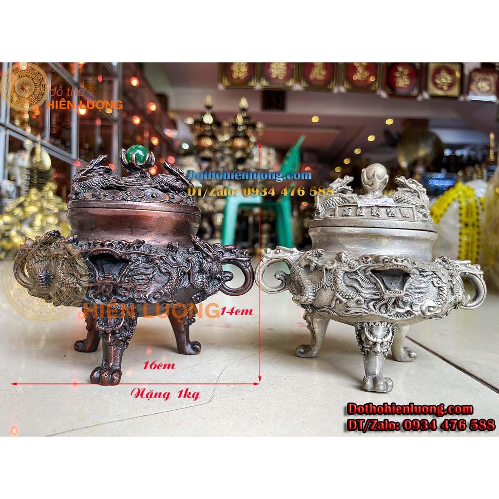 Đỉnh Xông Trầm Rồng Nắp Ngọc Bằng Đồng Cao 14cm