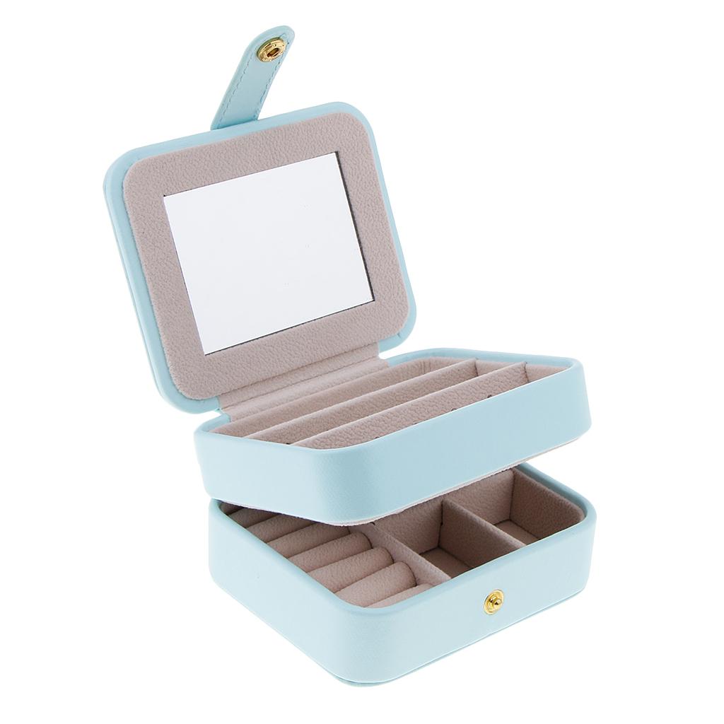 Portable PU Leather Double Layer Travel Earrings Jewelry Box Storage with Mirror