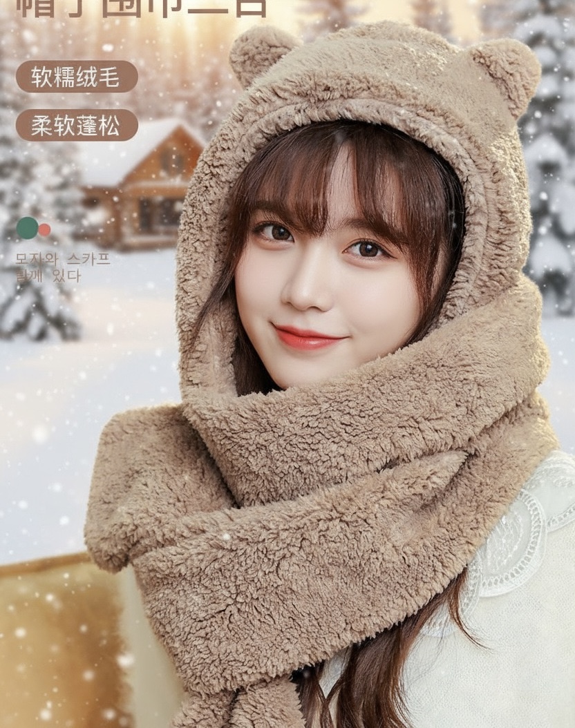 Mũ khăn quàng cổ mũ lông gấu có găng tay thời trang siêu dễ thương giữ ấm dành cho nữ
