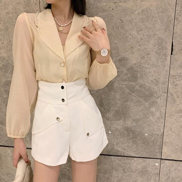Sơmi cổ vest đính ngọc cao cấp hottrend hàn quốc