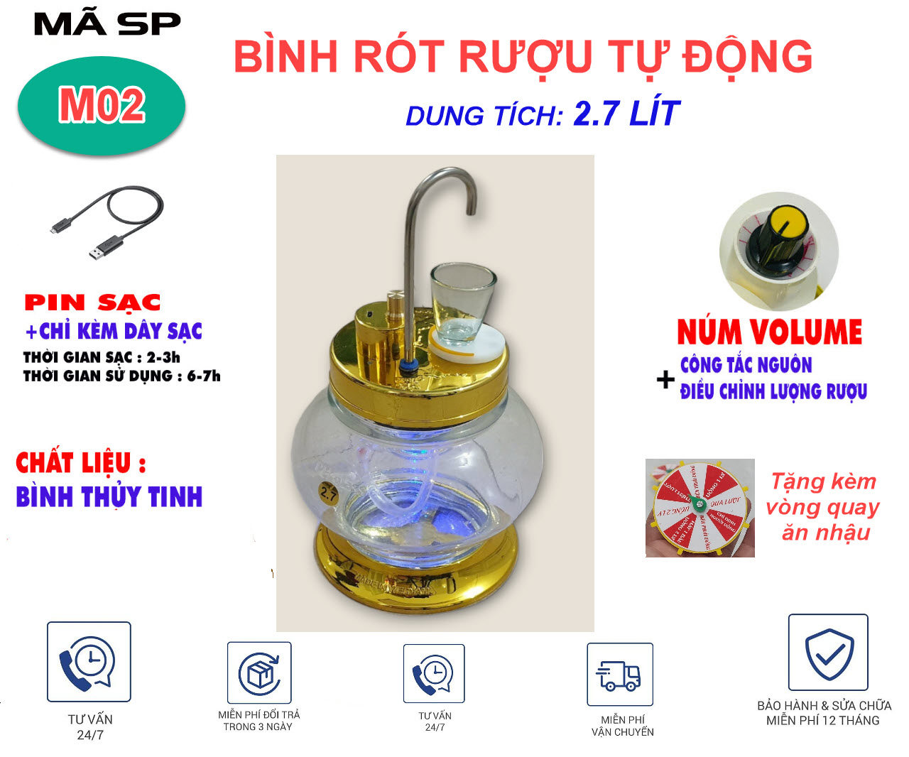Máy rót r.ư.ợ.u tự động K04 Bình thủy tinh Đặt Ly Tự Rót 2.7L
