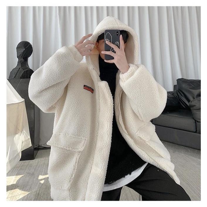 Áo Khoác Lông Unisex Logo Ngực Khóa Kéo Có Mũ