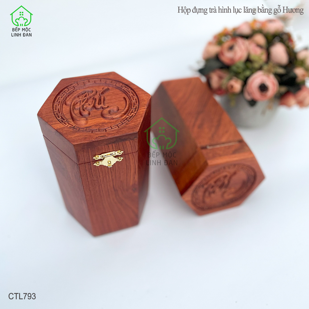 Hộp Đựng Chè Bằng Gỗ Hương HAHANCO Chạm Khắc Nổi Chữ Phúc