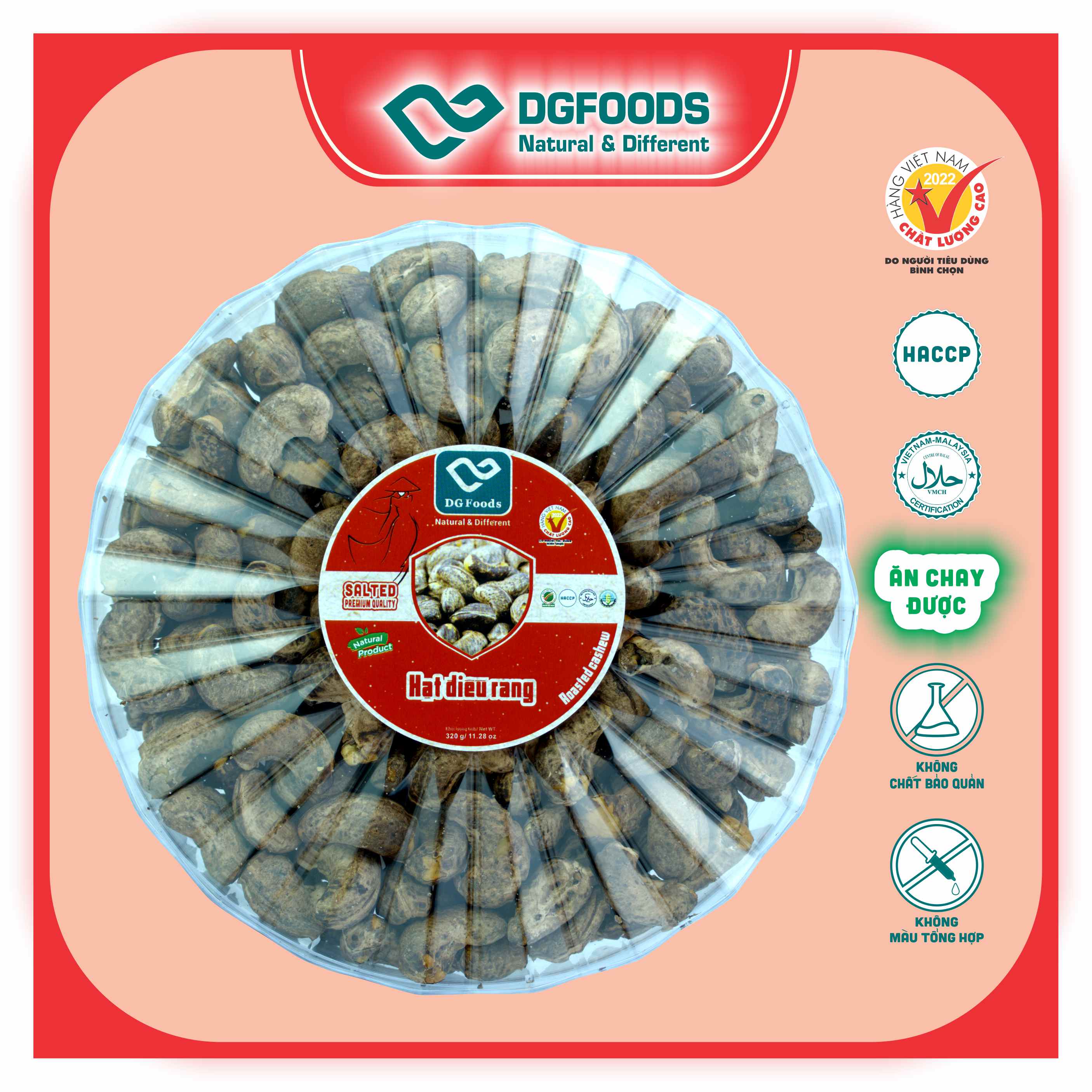 Hạt Điều Rang Dgfoods 320g/hộp tròn Sun, HVNCLC, Haccp, Halal, Ăn chay, Ăn kiêng, Đặc sản Cần Thơ, hạt điều Bình Phước, hạt dinh dưỡng, quà Tết, hàng Tết, quà tặng, quà tặng cao cấp
