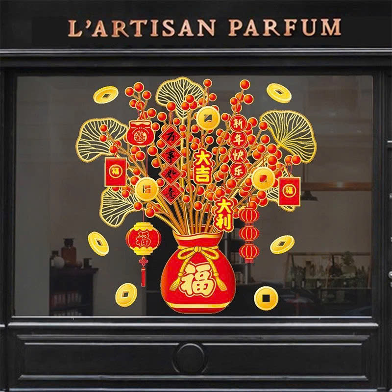 COMBO 2 Decal Trang Trí Tết 2026 Hít Tĩnh Điện | Chậu Đào Đông Đỏ Trang Trí Cửa Kính PVC- HÀNG CHÍNH HÃNG MINIIN