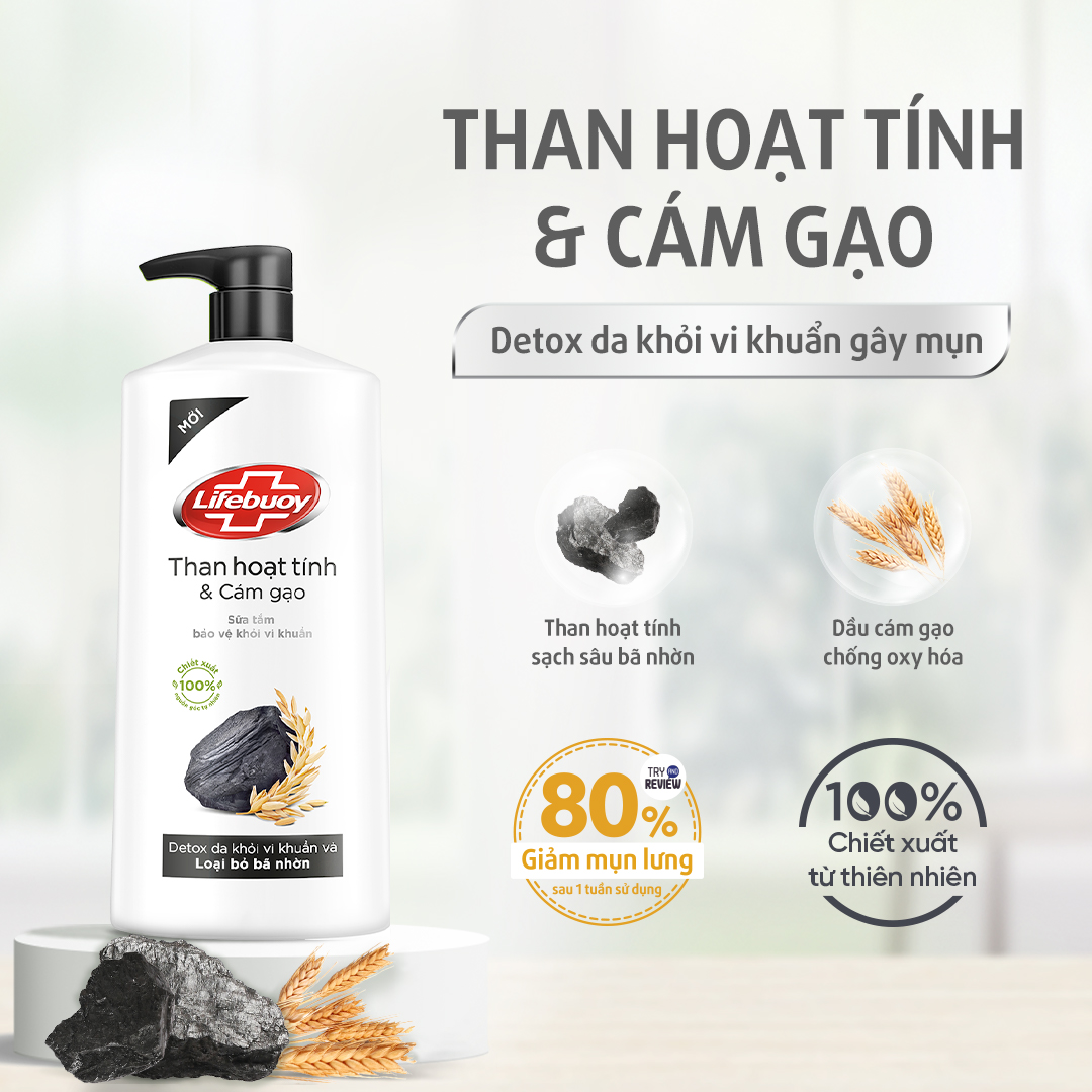 Sữa Tắm Lifebuoy Detox Sạch Sâu Bảo Vệ Khỏi Vi Khuẩn Gây Mùi Cơ Thể Than Hoạt Tính & Cám gạo Chiết Xuất Thiên Nhiên Chai 800G