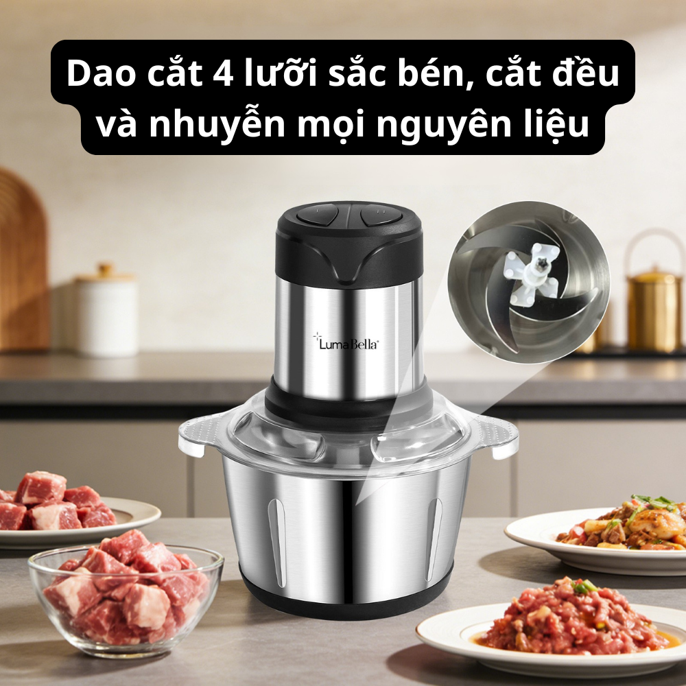 Máy xay thịt, máy xay sinh tố, xay đa năng Lumabella B-5002, công suất lớn 500W,cối 2L loại Inox304 - HÀNG CHÍNH HÃNG