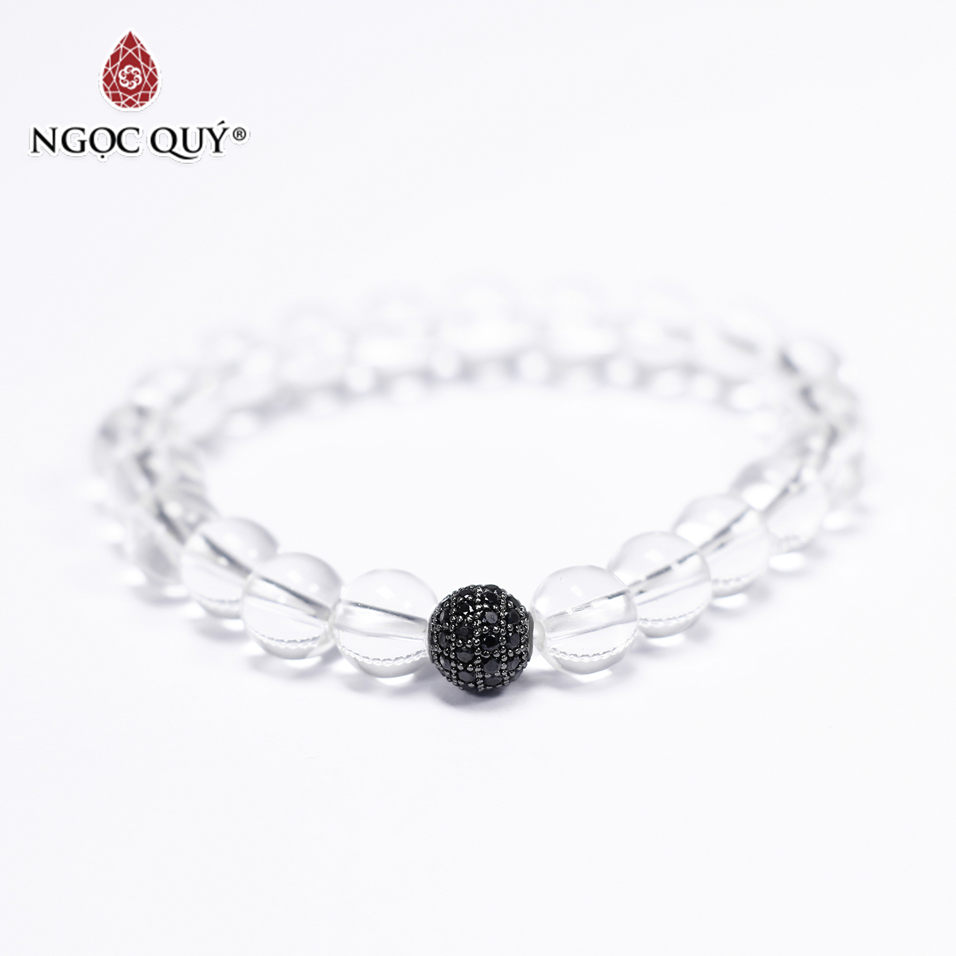 Vòng tay đá thạch anh trắng phối charm hợp kim đen đính đá 8mm mệnh thủy, kim - Ngọc Quý Gemstones