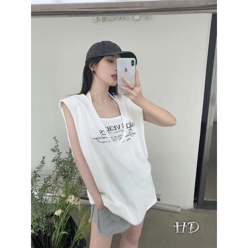 Bộ Áo Tanktop Kèm Áo Croptop In Chữ Vải Cotton