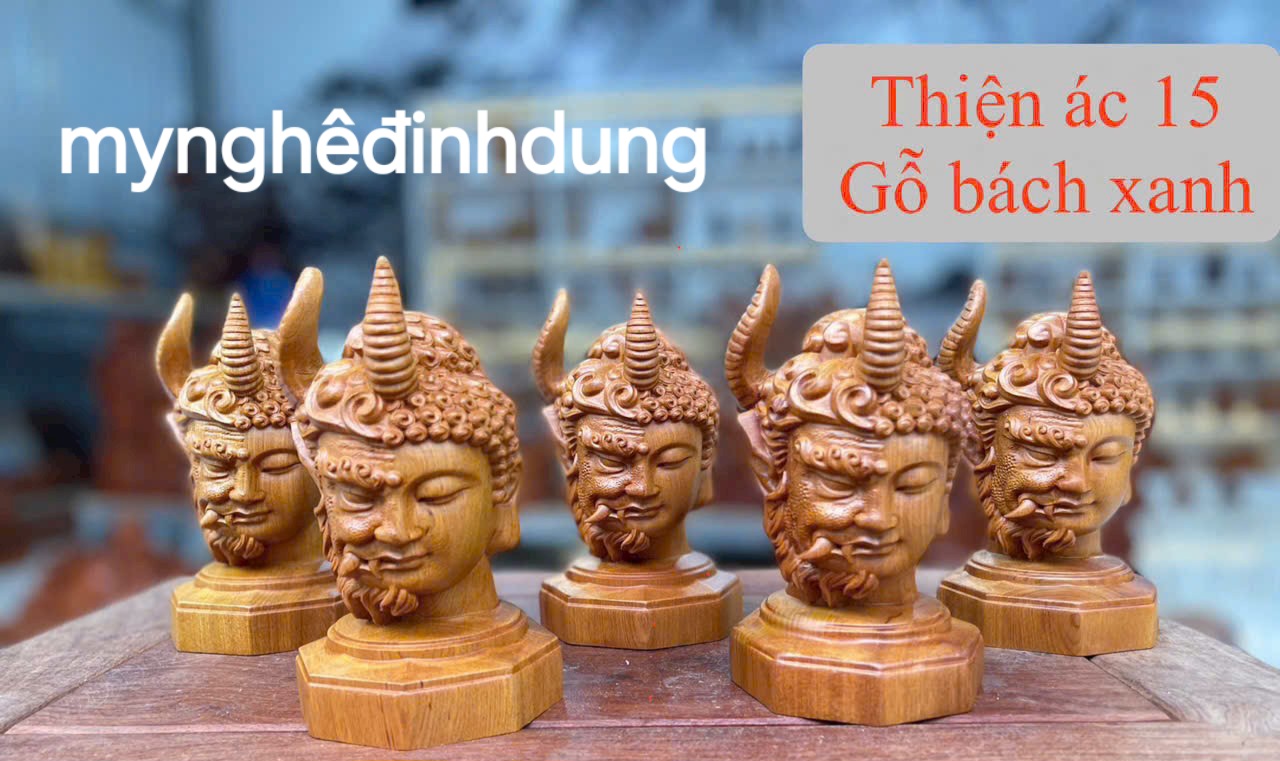 Tượng thiện ác bằng gỗ bách xanh thơm nức cao 15cm