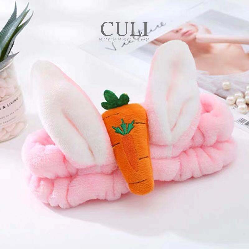 Băng đô rửa mặt, Bờm cài tóc tai thỏ đính củ cà rốt siêu đáng yêu, vải lông mềm mại, style Hàn Quốc xinh xắn