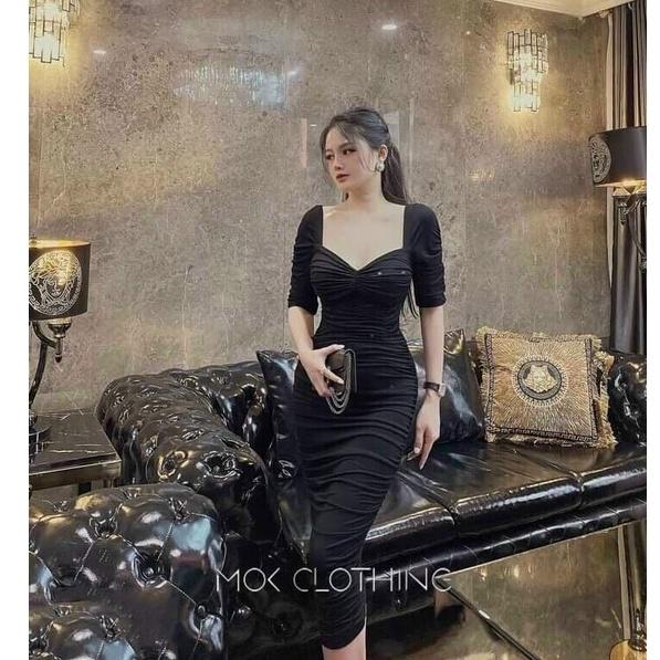 Đầm body dài cổ vuông nhúng xếp ly toàn thân