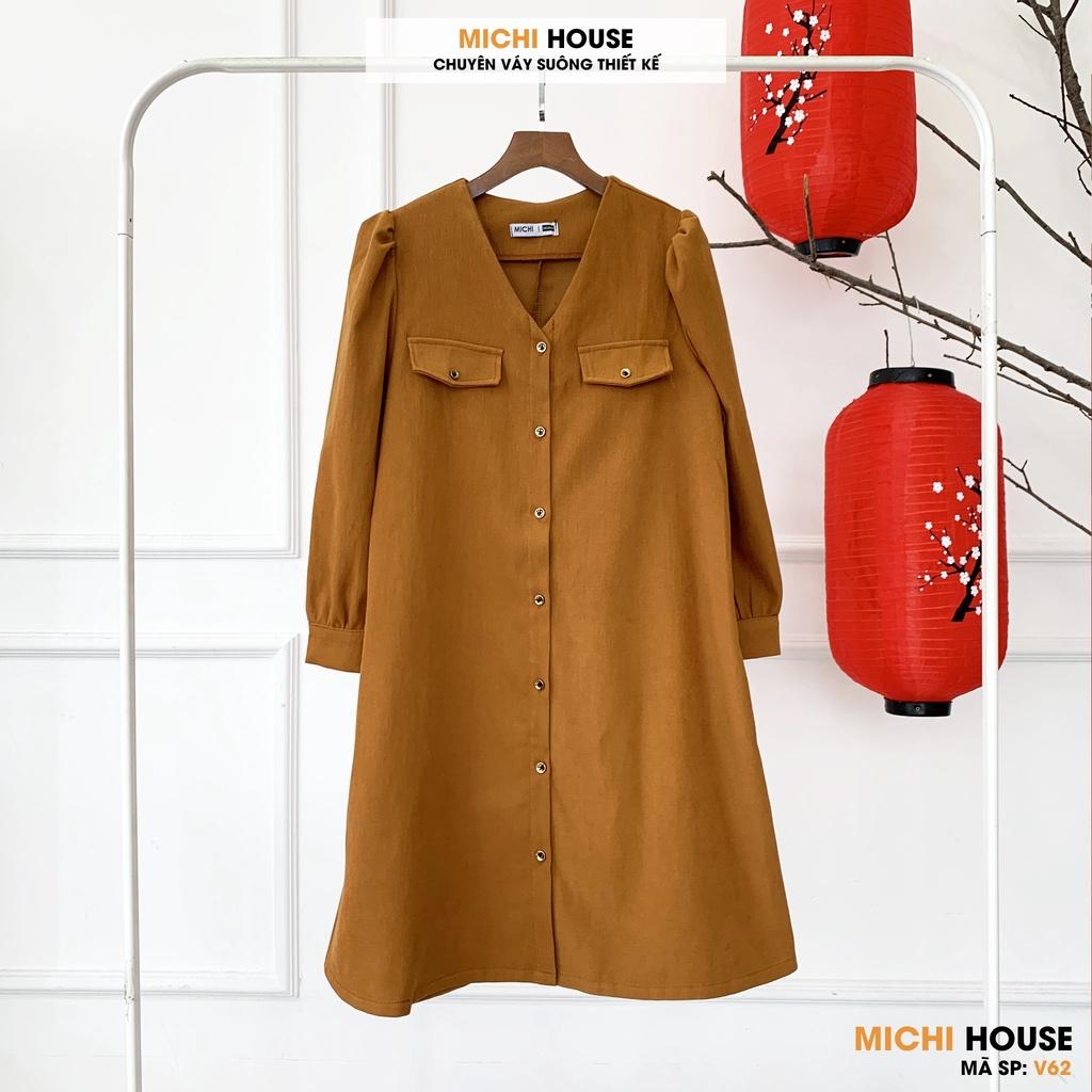 Đầm Suông Nhung Dài Tay MICHI House V62 Váy Xuông Thiết Kế Cổ V Cài Cúc Dễ Mặc