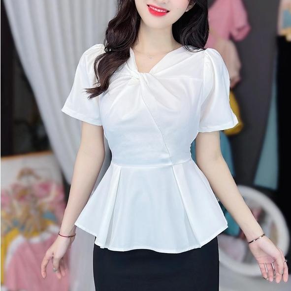 Áo sơ mi kiểu nữ peplum kate lụa CỔ XOẮN NGỰC và chun lưng giấu bụng hiệu quả