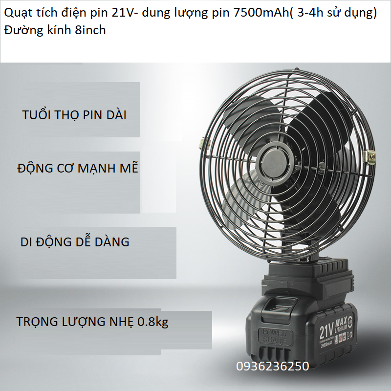 Quạt Tích điện giá rẻ sử dụng pin 21V-7500mAh( 3-4h sử dụng), Quạt đi picnic, câu cá tiện lợi trọng lượng nhẹ tiện lợi