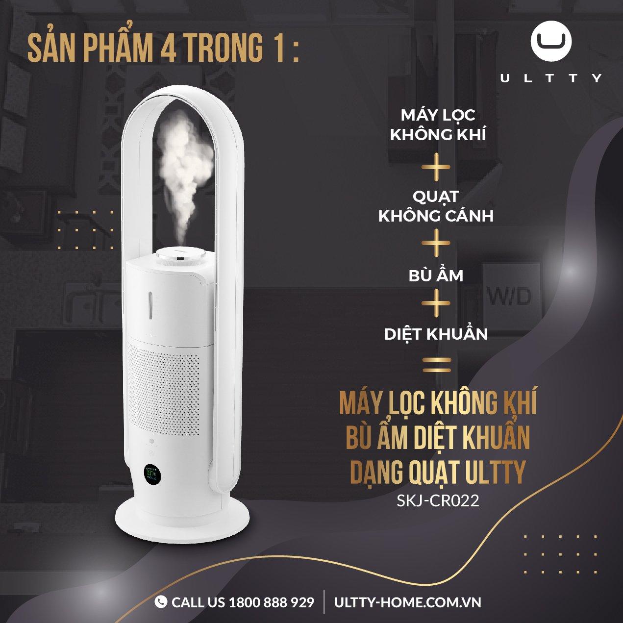 Quạt Tháp Không Cánh Kèm Máy Lọc Không Khí Bù Ẩm Diệt Khuẩn ULTTY SKJ-CR022, Bộ Lọc HEPA H13, Bù Ẩm 3 Cấp