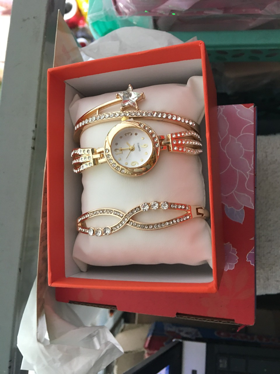 Set đồng hồ 3 món , mặt tròn màu trơn trang trí kim cương nhân tạo , phong cách thanh lịch thời trang cho nữ