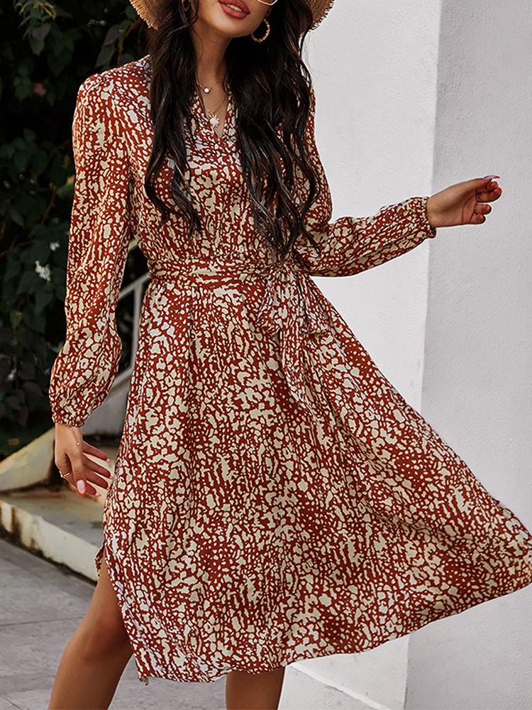 Women Leopard Dress Long Sleeve V Neck Belted High Waist Side Slit Spring Summer Casual Dresses