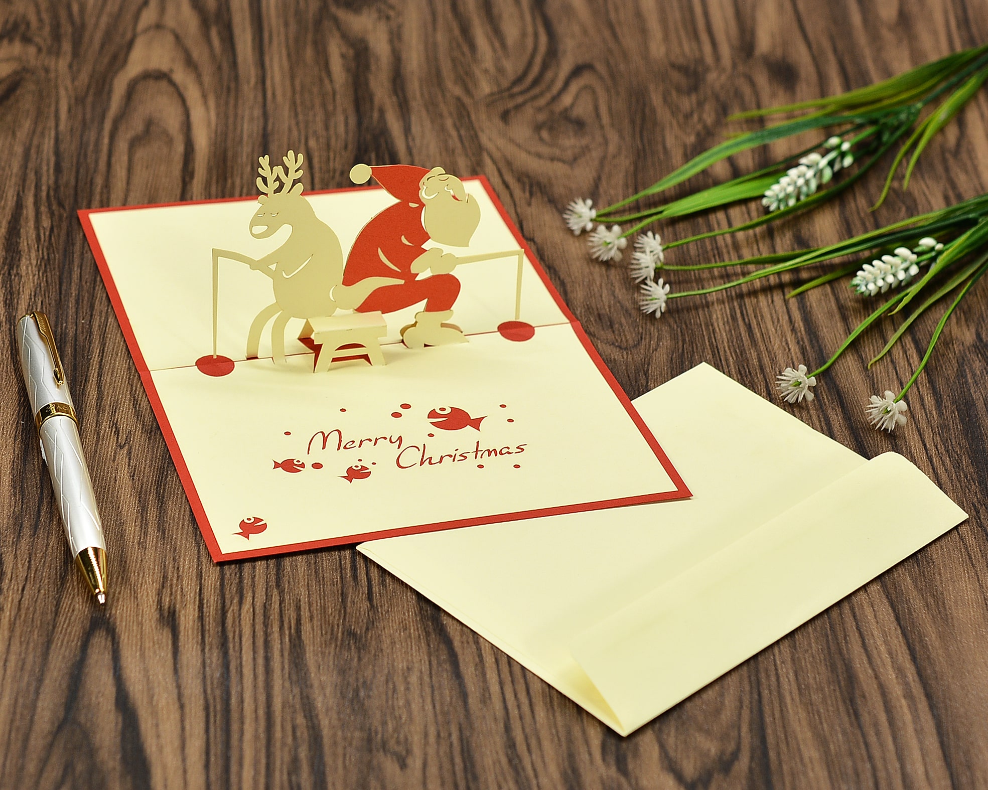 Thiệp 3D handmade  Santa Clause go Fishing- Ông già noel đi câu cá cùng chú tuần lộc size 10x15cm CN099