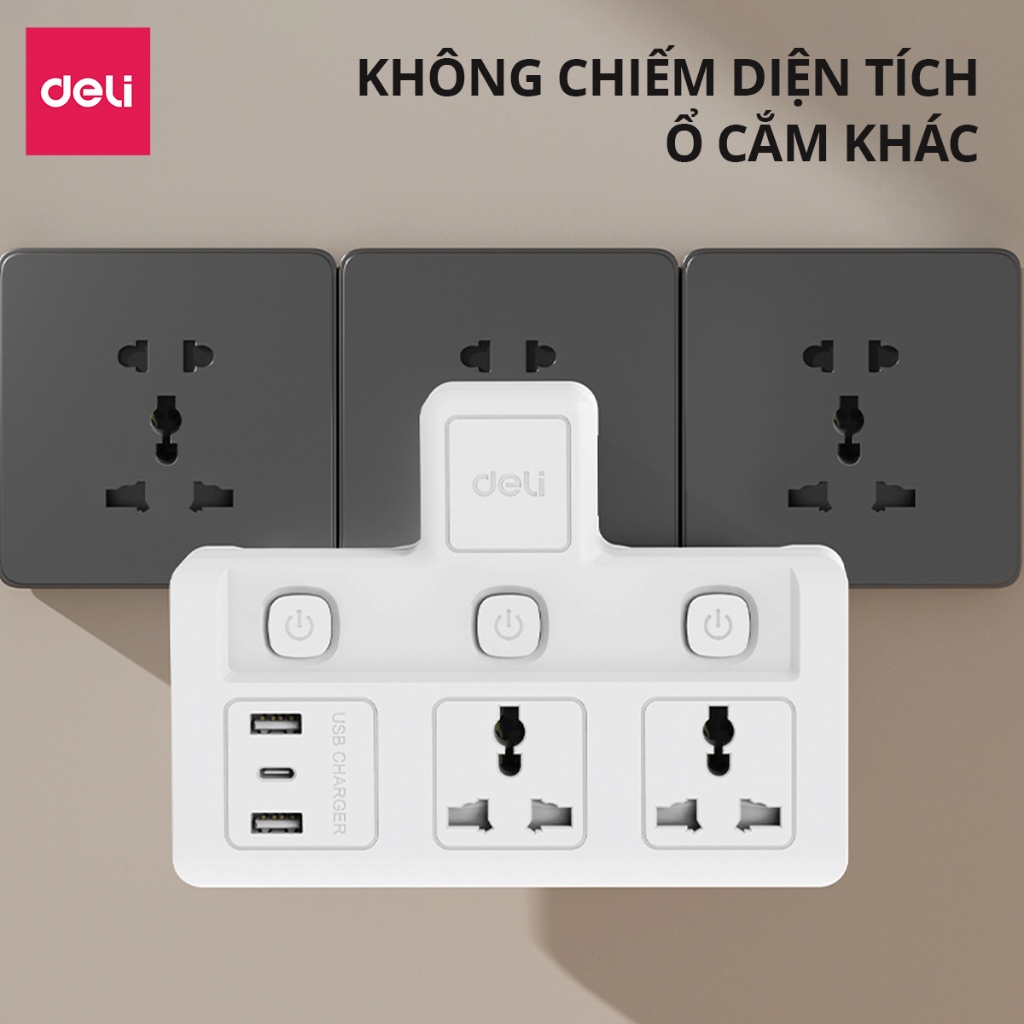 Ổ Cắm Chia Điện Deli, Ổ Cắm Điện Chữ T Công Suất 2500W Tích Hợp Cổng USB &amp;TypeC Sạc Nhanh 20W