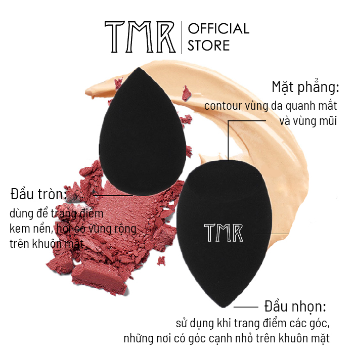 Bông Mút Tán Nền Đa Năng TMR Makeup, Premium Black 3 Loại Giọt Nước_Hồ Lô_Oval Vát_Màu Đen Cao Cấp