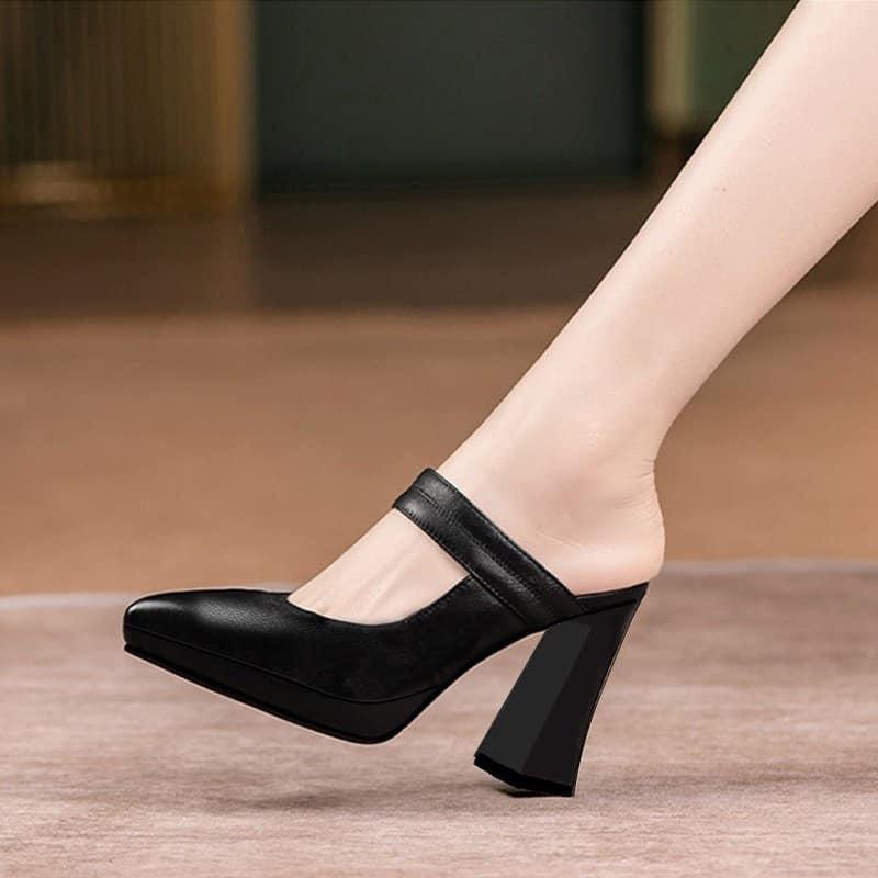Giày cao gót nữ đẹp đế vuông 8 phân hàng hiệu rosata hai màu đen kem ro466