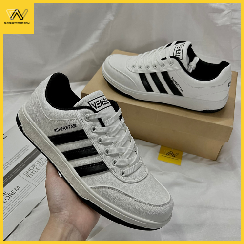 Giày Thể Thao Nam Màu Trắng Hết Phối Trơn Sọc Đen Duy Nhật Store Size Lớn 44 Xinh Êm Uzzang Đẹp Cao 2cm Êm Sneaker Bata