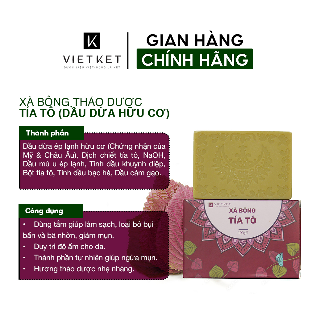 Cục Xà Bông Tía Tô VIETKET DDHC 100g - Làm Sạch, Giảm Mụn Lưng, Sáng Da, Duy Trì Độ Ẩm, Hương Thơm Thảo Dược